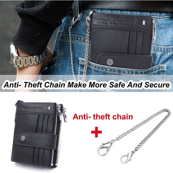 RFID-blockeringsplånbok i äkta läder för män med kedja, tvåfaldig plånbok för män 19 Kreditkort och Zip-plånbok, presentförpackning, svart Black