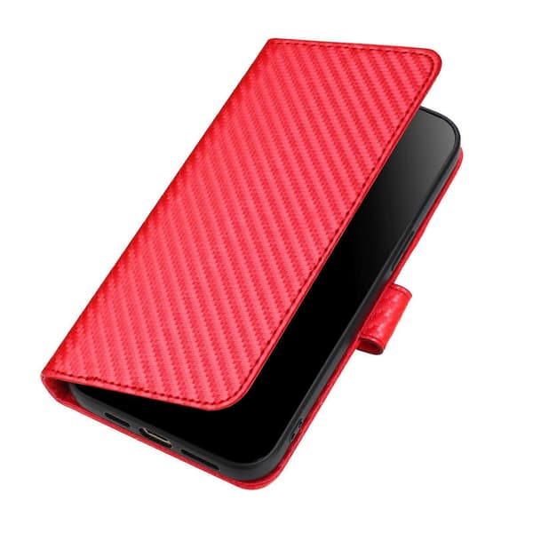 Plånboksfodral för iPhone 16 Plus med rem, kolfibertextur läder mobilskal Red
