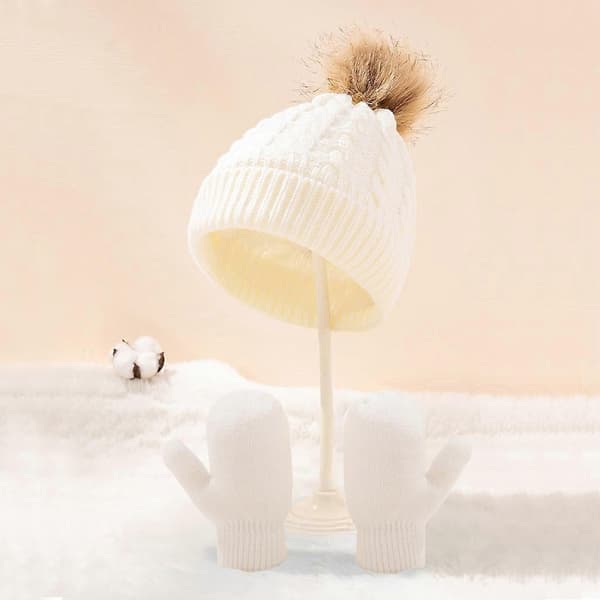 Vintervarm Baby Enfärgad Mössa Handskar Set Pälsboll Mössa Vantar Kit Barn Flickor Pojkar Stickad Kantmössa Vit White