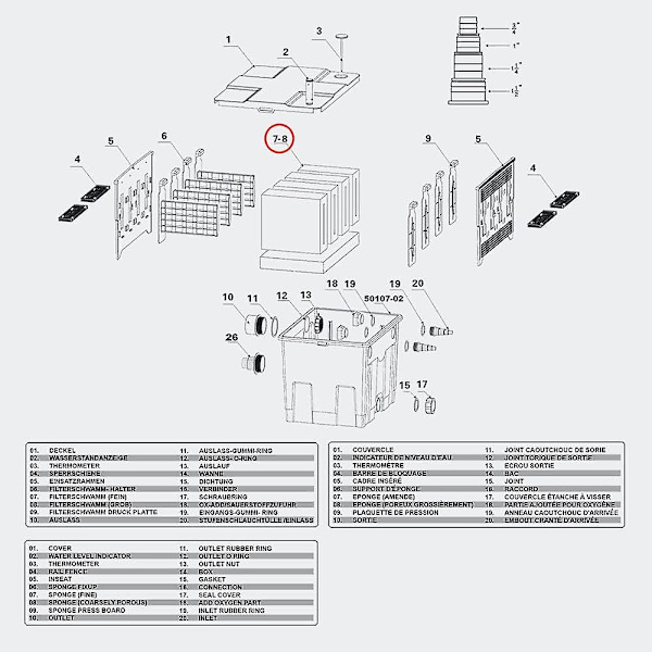 Reservedel biologisk filter CBF-350 Komplett sett med filtersvamper Skumfilter 24*20*7,5 cm