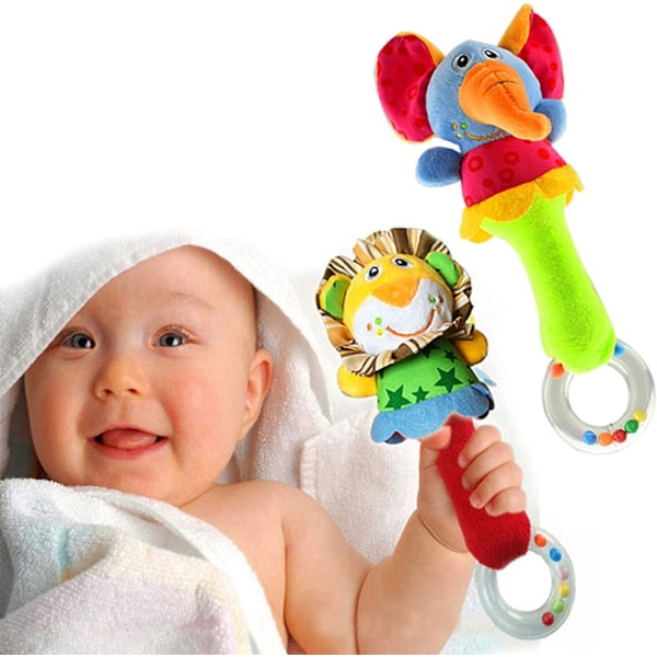 Baby Soft Rattles Shaker, Spädbarn Utveckling Handgrepp Baby Leksaker, Söta Plyschdjur med Ljud för 3 6 9 12 Månader och Nyfödd Present(2 Pack)