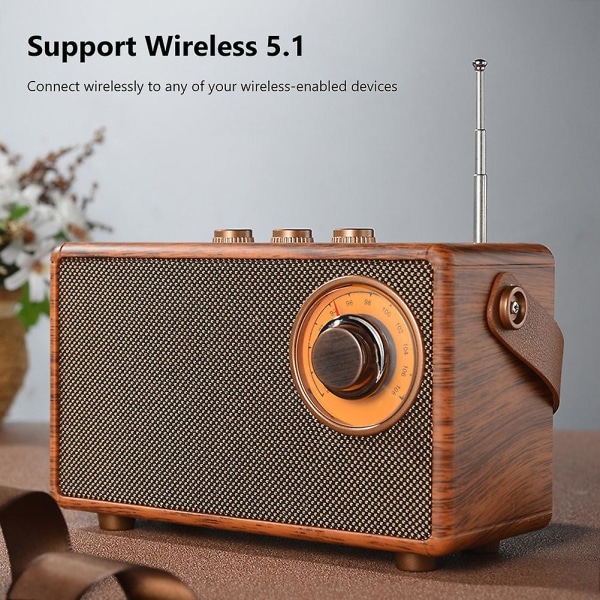Retro FM-radio bærbar Bluetooth-radiohøjttaler i træ Håndfri Mp3-afspiller Support Usb/tf-kort/aux As Shown