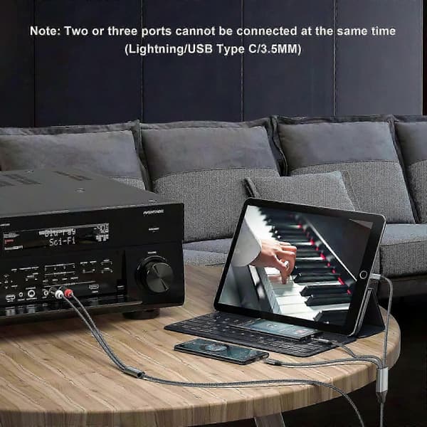 3-in-1-äänikaapeli autoon ja kotiin, USB-C–RCA-sovitin, Lightning–RCA-liitäntäratkaisu