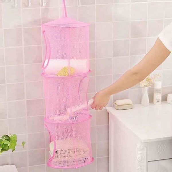 Hängande 3-lagers förvaringskorg Mesh Net Badrum Hem Tidy Organizer Pink