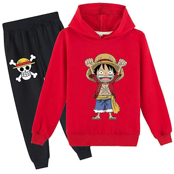 D. Luffy Print Tracksuit Set Lapsille - Vetoketjullinen Huppari ja Housut - Mukava ja Trendikäs Asuste Red 7-8 Years