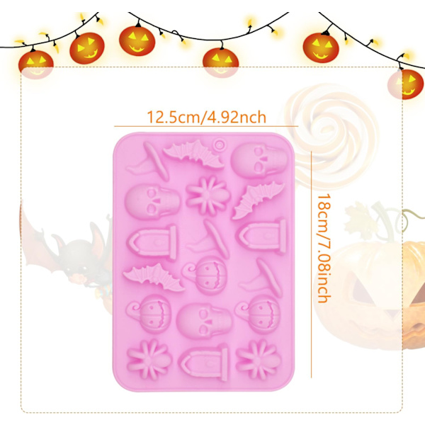 Halloween Silikonform, 18 hulrum Halloween chokoladeform slikform græskar flagermus edderkop hat gravsten form til slik, DIY A6-WSDTMJ (Pink)