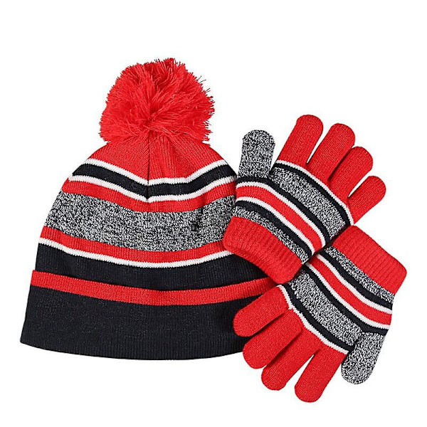 Handskar Tvådelad Set Vinter Fleecefodrad Varm Barn Femfingrade Stickade Kalla-bevis Brittisk Hatt Red Average size