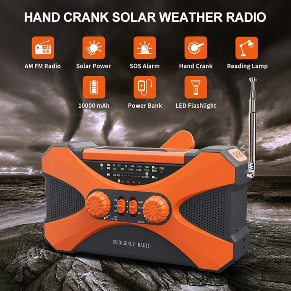 10000mAh Handvev Nödradio - Solar Handvev radioer Campingprylar Survival Gear-WELLNGS
