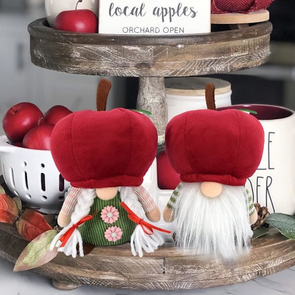 2 st par äppeltomtar plyschprydnader handgjorda svenska tomte docka frukt Nisse älva tiered tray tomte röd för sommar höst vinter jul Apple Gnomes