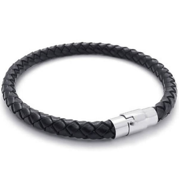 Rustfrit stål læderarmbånd, flettet læderarmbånd, til mænd, kvinder, sort - bredde 6 mm - længde Black