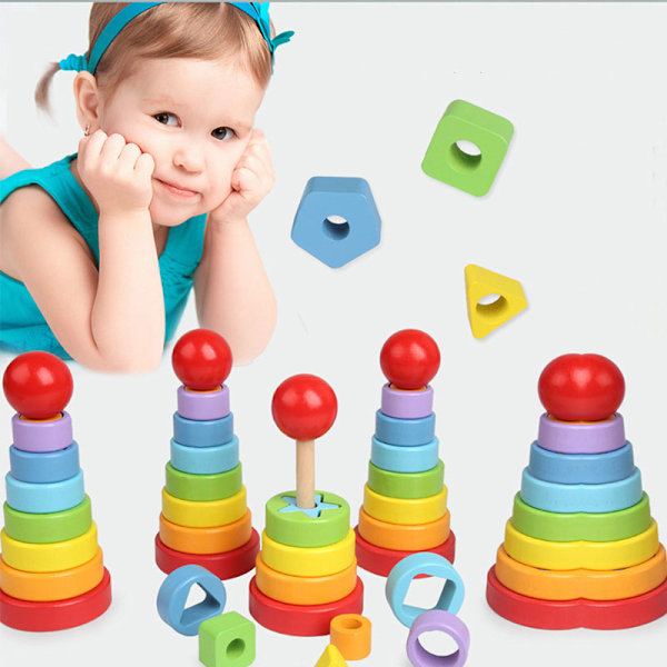 Baby Rainbow Stacking Toys Geometriske Montessori Træblokke Læringsmæssige Kognitive Træpuslespil til Børn