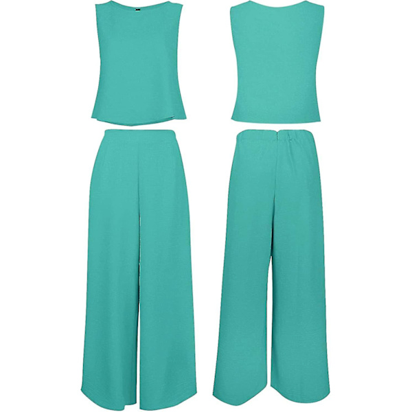 Roylamp Sommer-outfits til kvinder i 2 dele Rundhalset Crop Basic Top Beskåret Bukser med brede ben, Jumpsuits Peafowl Green X-Small