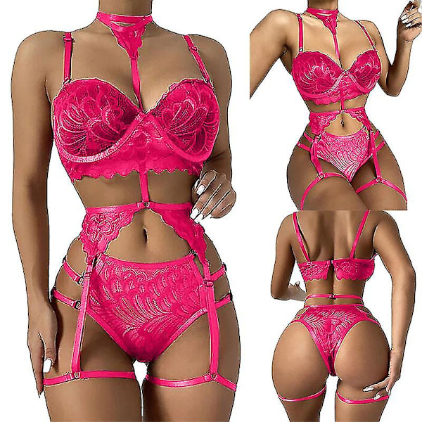 Sexig spets-strumplös lingerieset för kvinnor Rose Red L