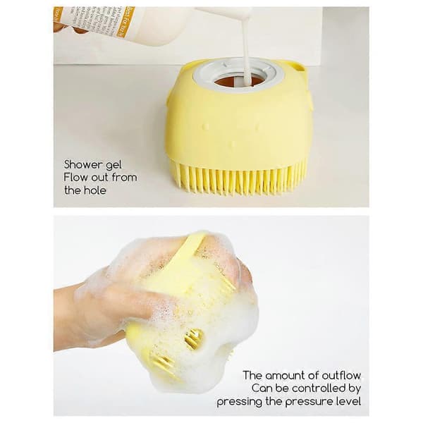 Silikone massagebadebørste til katte og hunde, kæledyrsshampoo-plejebørste med sæbedispenser, behagelig og multifunktionel Yellow