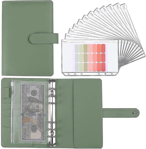 A6 Budget Binder med kontantkuverter, PU læder notesbogbinder Grøn