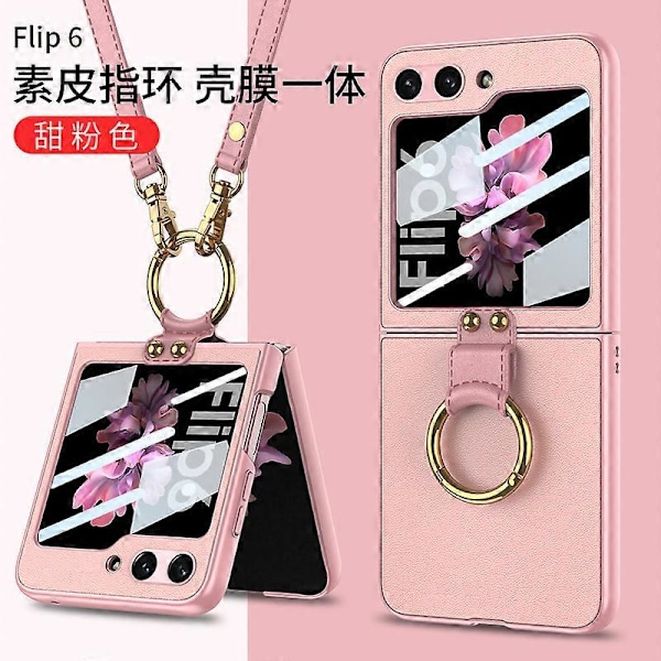 Yhteensopiva Samsung Galaxy Z Flip 6 -kotelo näytönsuojalla ja olkahihnall, erittäin ohut PC+PU-nahkainen kotelo renkaalla Pink For Galaxy Z Flip 6