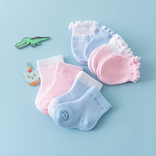 4 par för vantar Bomull Baby Ansikte anti-scratch Blå Nyfödd Scratch Maternal Strumpor Bär Barn Anti- Supplies Lovely