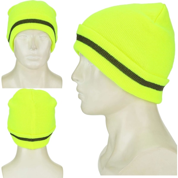 2 stk. Voksne Refleks Strikket Beanie Huer Varme Vinter Huer Hodeplagg for Arbeid Løping Fluorescent Yellow One Size