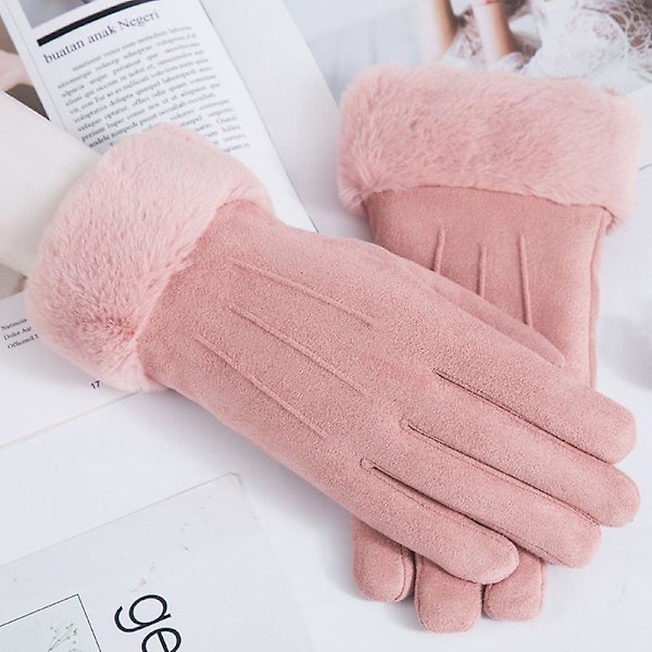 Höst- och vintervarma handskar i mocka med fleecefoder för kvinnor, tjocka utomhuscykel- och körhandskar med pekskärm Suede three-wire-pink Average size