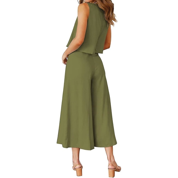 Roylamp sommerantrekk for kvinner i 2 deler Rundhalset Crop Basic Topp Beskåret buksesett med brede ben, Jumpsuits Olive Green Small