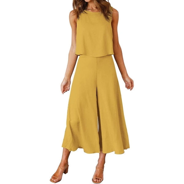 Roylamp Women's Summer 2-delade outfits Rundhalsad Crop Basic Top Beskuren Byxa Set med vida ben Jumpsuits Ginger Yellow Small