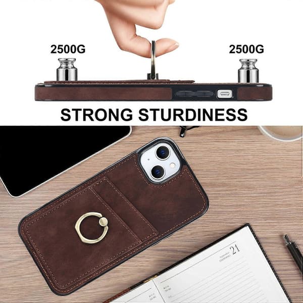 Vintage Patch Læder Telefon Cover med Ring Holder Til iPhone 14 Brown