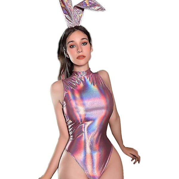 Naisten seksikäs pupupuku Anime Cosplay alusvaatteet Pupuasu Pink Metallic Bodysuit sopii Halloween Cosplay-juhliin M