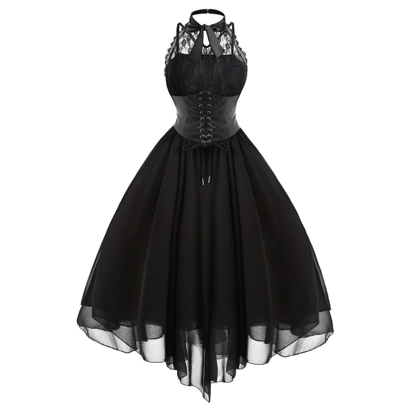 Steampunk naisten goottilainen mekko, hihaton korkea matala design pitsinen keskiaikainen puku Black 5XL