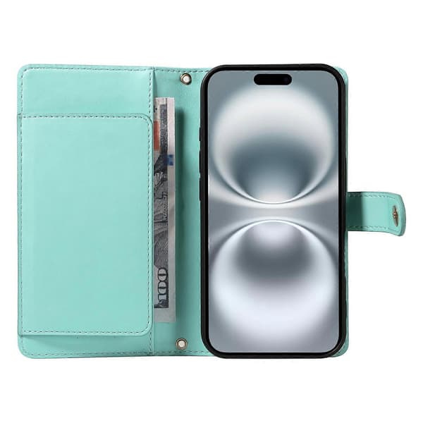 Plånboksfodral med remmar för iPhone 16, Rombmönstrat läderfodral med stativ Light green Light Green