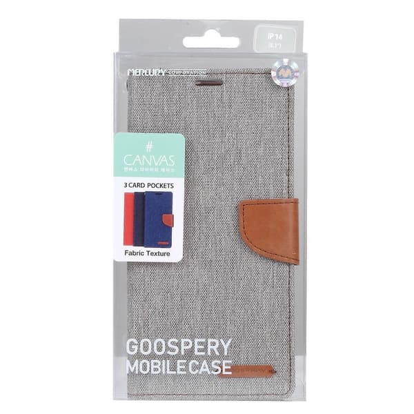 För iPhone 14 Plus GOOSPERY CANVAS DIARY Canvas Textur Flip Läder Telefonfodral Grey