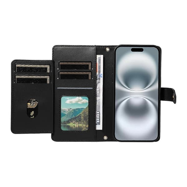 For iPhone 16 Lommeboketui med stropper, Rombe Lær Stativ Telefondeksel Black Black