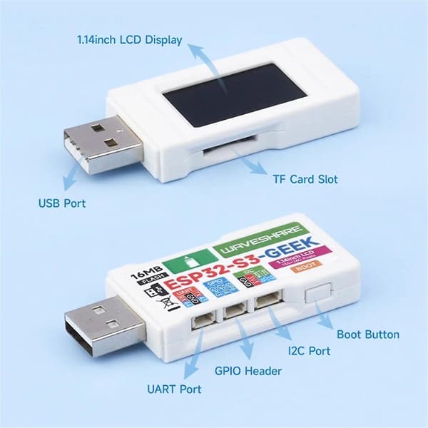 ESP32-S3 Utvecklingskort är baserat på ESP32-S3R2-chip och stöder WiFi/Bluetooth-modul med 1.14 White