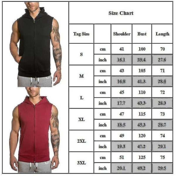 Menn Ermeløs hettegenser Zip Up hettegenser Top Gym Sport Gilet Coat Jacket Wine Red XL