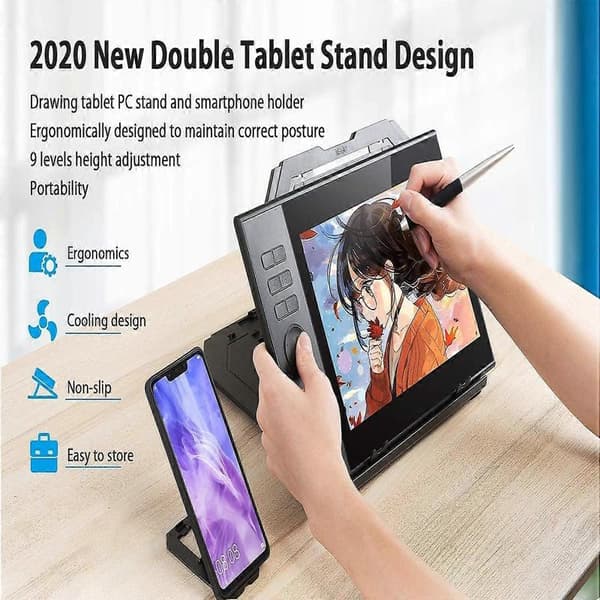 Revolutionize your drawing experience with a stand that supports sustainability, adjustable angles for customized posture, built-in phone holder for