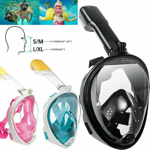 Helansiktssnorkelmaske med antiduggteknologi for svømming, dykking og dykking - tilgjengelige størrelser for voksne og barn Black LXL