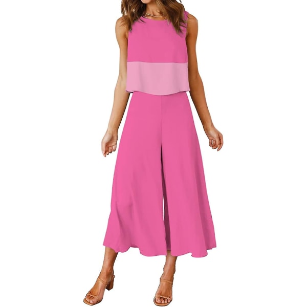 Roylamp Women's Summer 2-delade outfits Rundhalsad Crop Basic Top Beskuren Byxa Set med vida ben Jumpsuits Contrast Rose Large