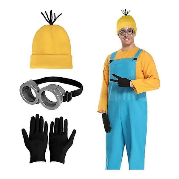 3 st Minions Cosplay Kostym Man Steampunk Skyddsglas Dekorativa Glasögon Beanie Hattar Svarta Handskar Set Kvinna Halloween Party Cos One Size