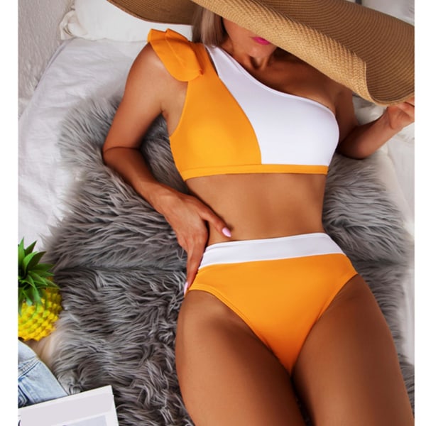 Kvinnor One Shoulder Bikini Color Blocking Stretch Tight Fit Bikini Set för Simning Party Yellow M