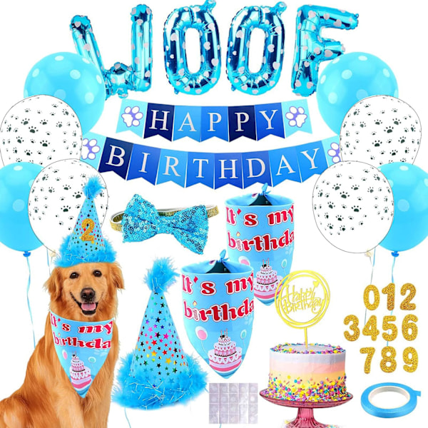 Dog Birthday Party Supplies - Dog Girl Birthday Bandanas Set with Dog Birthday Hat, Scarf, Birthday Banner, Balloons and Bowtie. B-blue