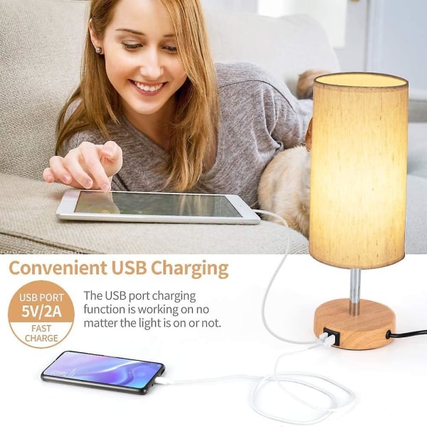 Sänglampa med USB port - Touch Control bordslampa för trä i sovrummet 3-vägs dimbar nattdukslampa med rund lintygsskärm för vardagsrum,