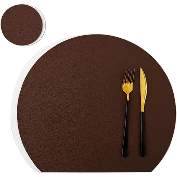 Runde bordskånere, skridsikre reversible kunstlæder bordmåtter sæt med 2 vaskbare bordmåtter og 2 coasters, kaffemåtter til spiseborde White + Dark Brown