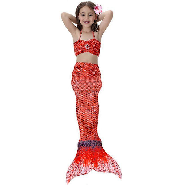 Børnepige Havfrue 3 Dele Sæt Cosplay Kostume Fiskestjert Bikini Badetøj Red 8-9 Years
