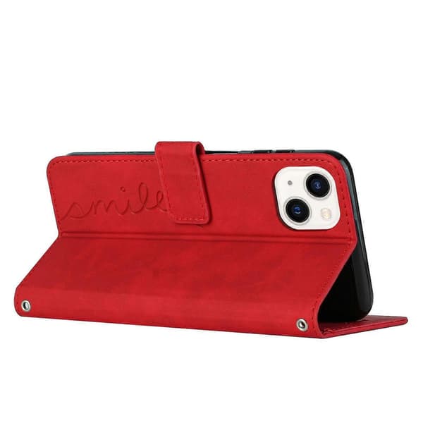 Læder telefoncover med hjerte mønster og lanyard til iPhone 14 Plus Red