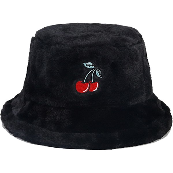 Fuzzy Bucket Hat för Kvinnor och Män - Luddig, Söt Bucket Hat för Vinter, Varm Plysch, Fiskehatt, Fluffig Sherpa, Rolig Hatt Cherry-a-black