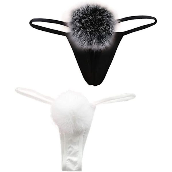 Kaise Dam Thong Pantie Söt Kanin Svans Låg Midja G-string Pälsboll Solid Bikini T-back Cosplay Festdräkt Present Blakc White