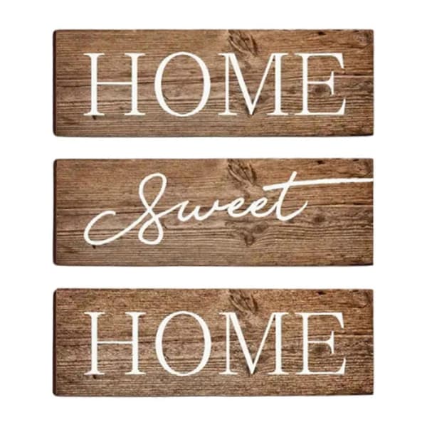 Träskylt \"Home Sweet Home\" – 3 delar rustik – för vardagsrum, sovrum, kök, ytterdörr A