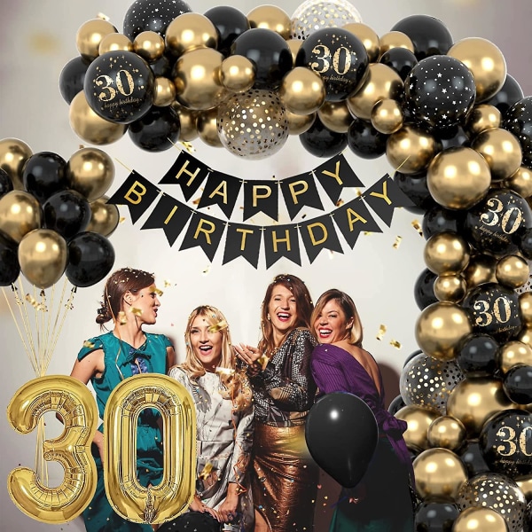 30-års fødselsdagsdekoration, 30-års fødselsdagsfestdekorationer til mænd og kvinder, Happy Birthday guirlande ballon sort guld dekoration