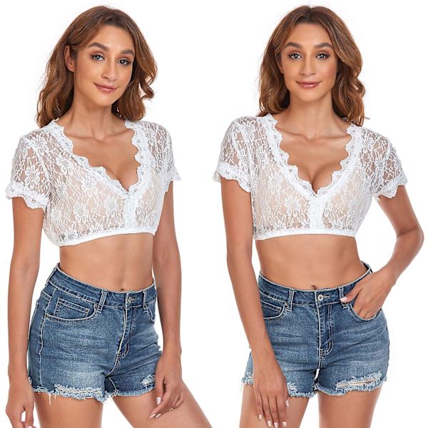 2023 Nye opgraderede Dirndl-bluser, Elegant Dirndl-bluse til kvinder med blonder, kortærmet traditionel bluse til Oktoberfest, Klassisk Oktoberfest White  short sleeve 38