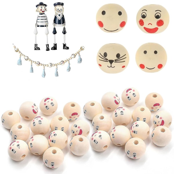 120 pcs wooden beads with face, wooden beads, natural wooden balls with holes