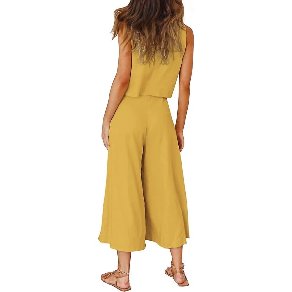 Roylamp sommerantrekk for kvinner i 2 deler Rundhalset Crop Basic Topp Beskåret buksesett med brede ben, Jumpsuits Ginger Yellow Small